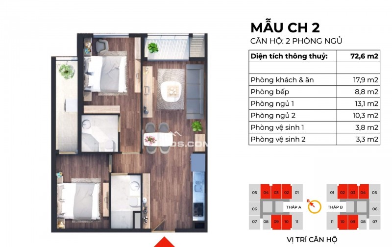 Bán cắt lỗ 200 triệu căn hộ 2PN 72m2 chung cư The Charm An Hưng